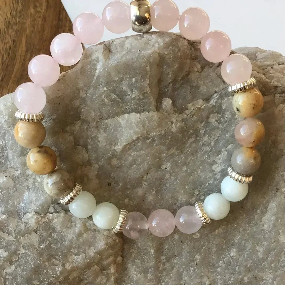 Agate - Rose Quartz - Jasper -‎ Stretch Beaded Bracelet - NEW